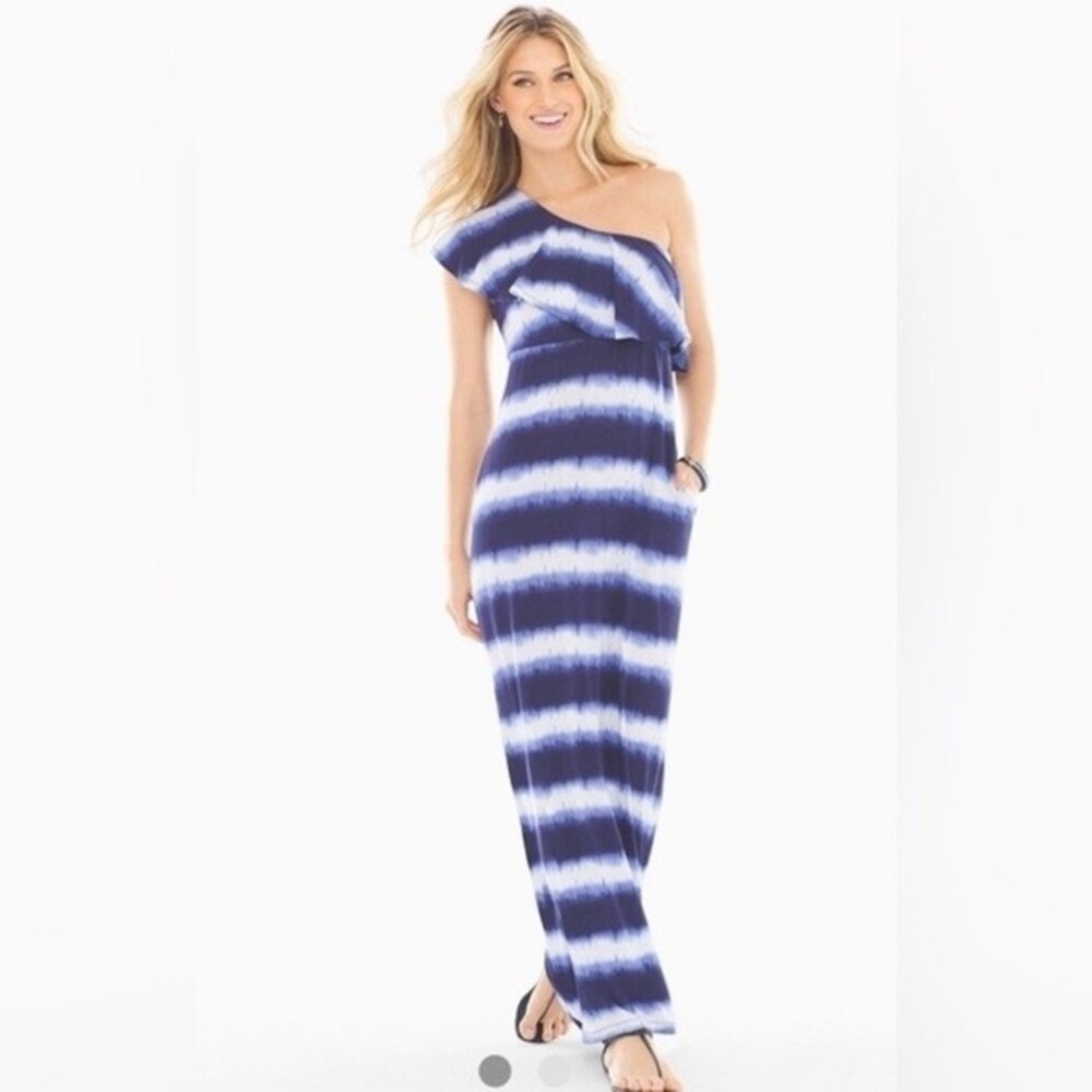 Soma LARGE one Shoulder Maxi Dress Ruffle Blue White Stripe Beach